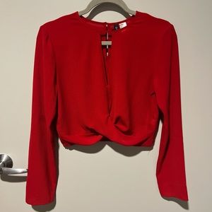 Red Dressy Long Sleeve Crop Top - Small